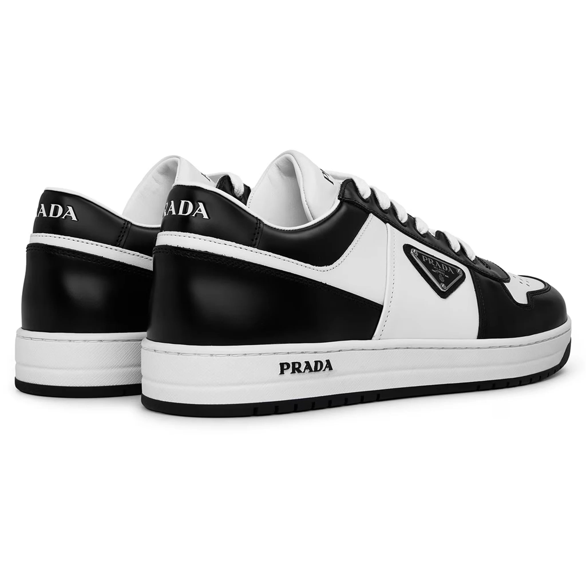 Heel view of Prada Downtown Leather Low Top White Black Sneaker